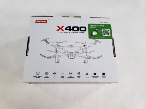 Syma X400 mini quadcopter drone box with illustrated drone and instruction icons