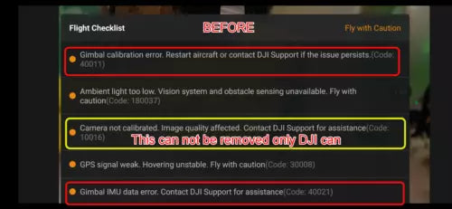 Drone flight checklist screen showing error codes and troubleshooting messages