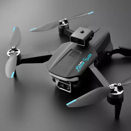 Foldable quadcopter drone with four propellers and front camera module
