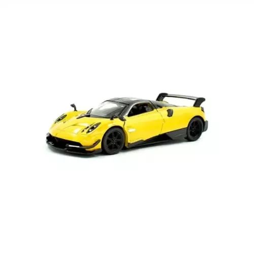 Yellow 1:38 scale diecast sports car with black wheels and rear spoiler