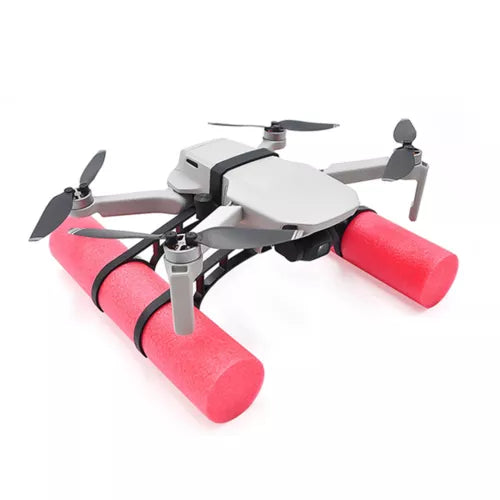 Drone buoyancy bar kit with red foam floats and shock-absorbing frame, with propellers