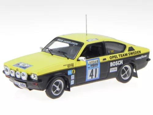 Yellow and blue diecast rally model car with front details and race number 41
