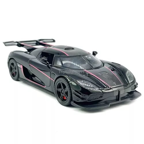 Koenigsegg One:1 1/32 diecast metal toy car, black, front 3/4, pink stripe details