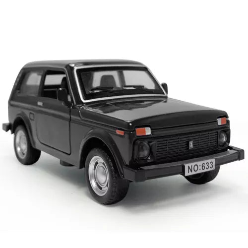 Black diecast toy car, front three-quarter view with open grille and headlights