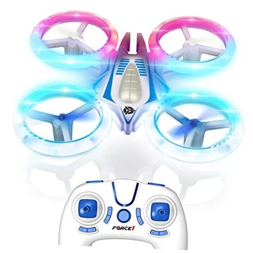 Mini UFO drone with four blue LED propeller rings and white body, compact quadcopter