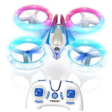 Mini UFO drone with four blue LED propeller rings and white body, compact quadcopter