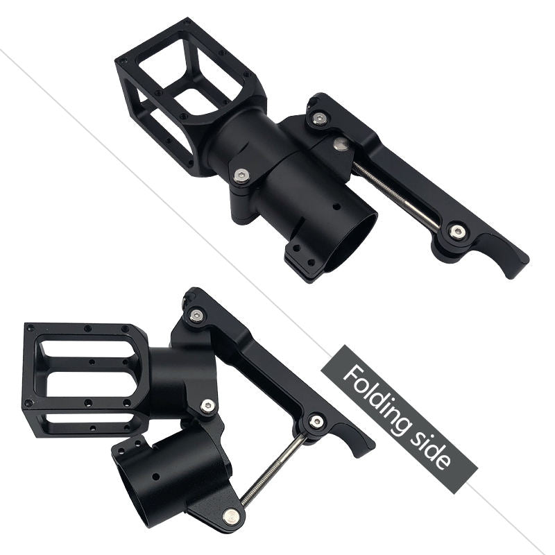 Black folding drone landing gear arm clamp with hinge joint and mounting plates