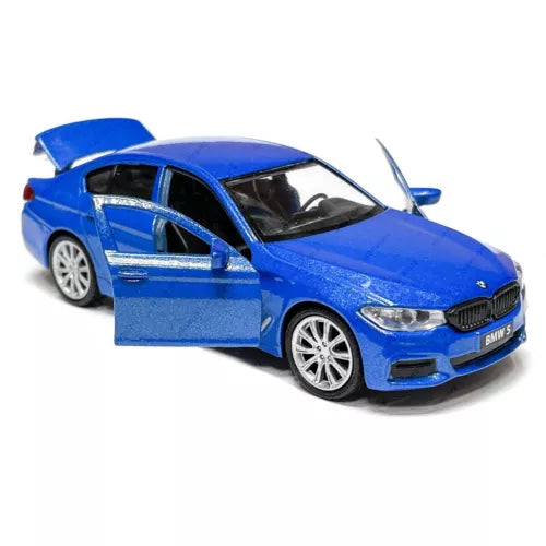 Blue BMW M5 diecast toy car with open driver-side door, front three-quarter view