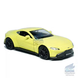 1:36 Aston Martin Vantage diecast model car, yellow sports car with black wheels