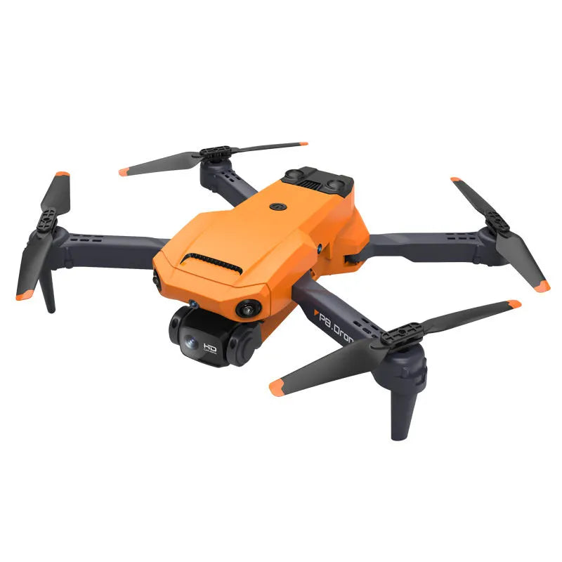 Foldable orange quadcopter drone with four propellers and front camera