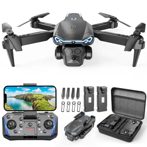 FPV foldable quadcopter drone with camera and controller, shown front view