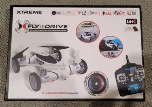 Air land hybrid quadcopter drone on retail box with remote controller