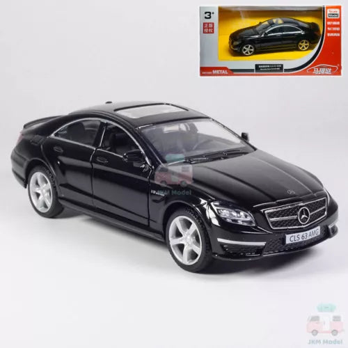 Black Mercedes CLS 63 AMG diecast model car toy, front 3/4 view, silver wheels