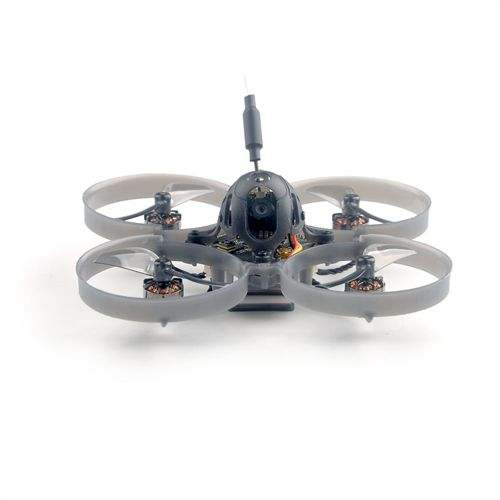 Micro FPV whoop drone with black frame and 4 gray duct arms, antenna