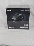 Black foldable drone in retail box, with 4K camera branding and QR label