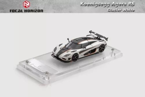 1:64 scale diecast sports racing car, white, front three-quarter view on base