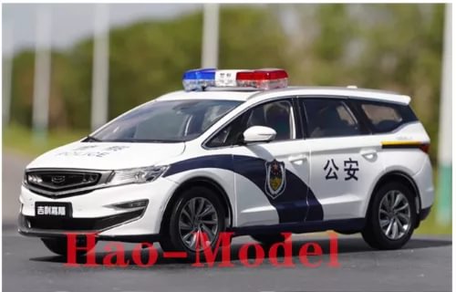 White and blue police MPV diecast car with roof light and black wheels