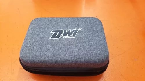 Mini drone carrying case with zipper and DWI logo, blue-gray fabric