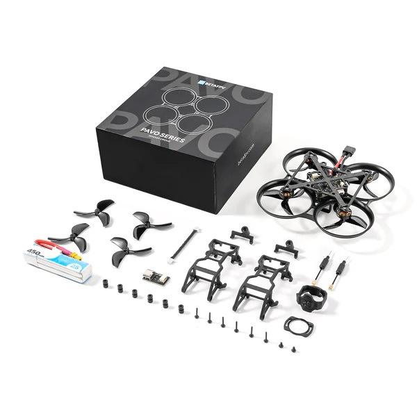 Mini quadcopter drone kit with frame, propellers, controller parts and spare screws