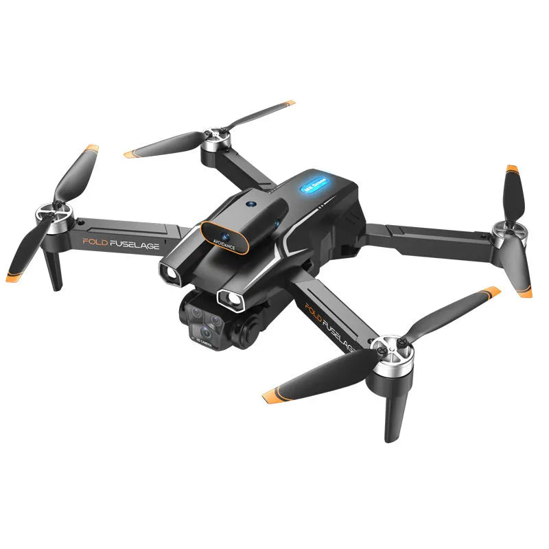 Quadcopter drone with four propellers, dark gray body, blue indicator display, compact design