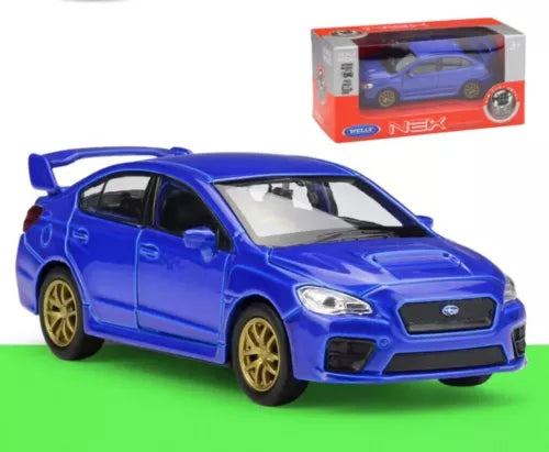 Blue racing sports diecast car toy, front three-quarter view, gold wheels
