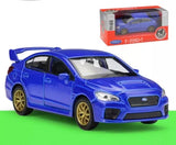 Blue racing sports diecast car toy, front three-quarter view, gold wheels