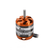 Brushless RC drone motor with orange aluminum housing and silver shaft, power series label