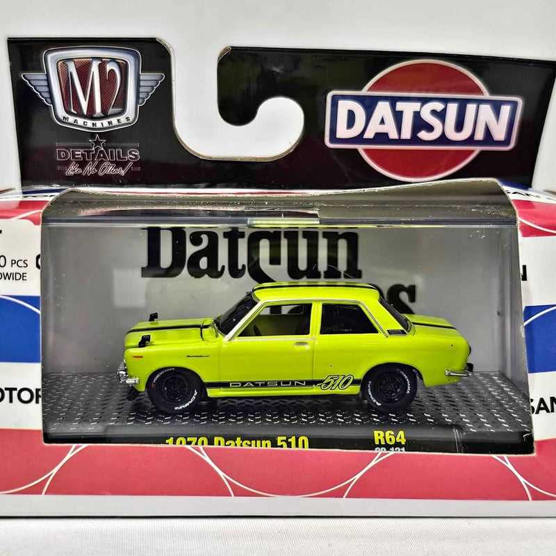 Lime green Datsun 510 diecast car in display box, 1:64 scale