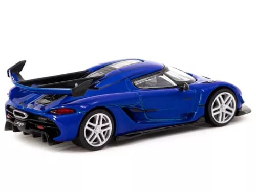 Blue diecast sports car model with rear wing and silver wheels.