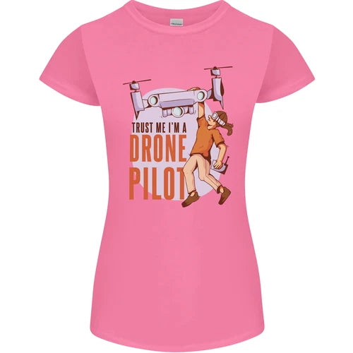 Women's pink petite crewneck T-shirt with drone pilot graphic
