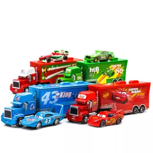 Diecast toy truck and race car set with red, blue, green, and red vehicles