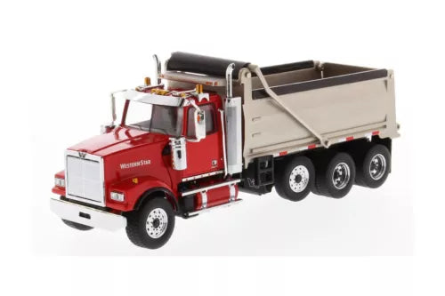 Red dump truck die-cast toy, front and side view