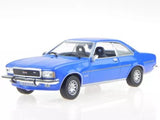 Opel Commodore B GS/E blue diecast model car, front 3/4 view, chrome grille and headlights