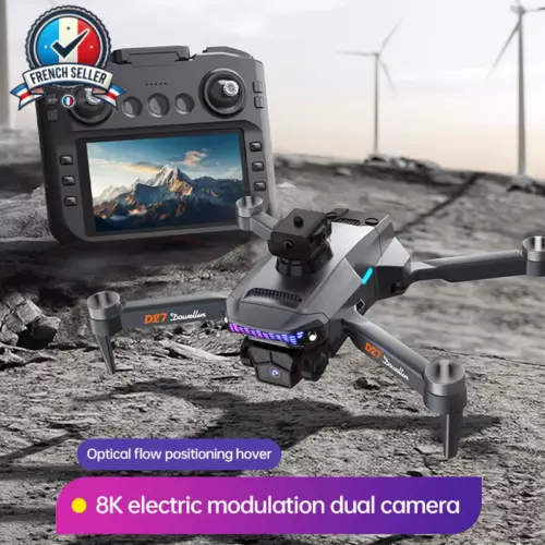 Black GPS drone with LCD screen, 4-rotor propellers and dual camera module