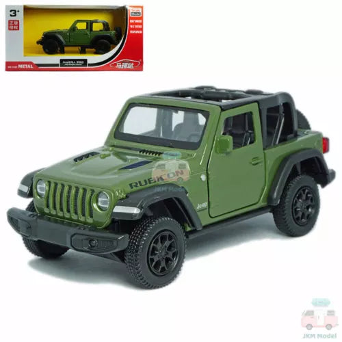 Green 1:36 Jeep Rubicon convertible diecast model car with open top, black wheels