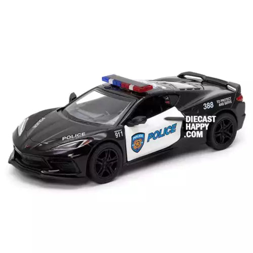 Black diecast police car model with white side stripe and roof light, 1:36 scale