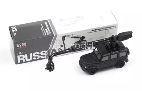 1:64 scale black diecast toy SUV with extended camera arm, side view