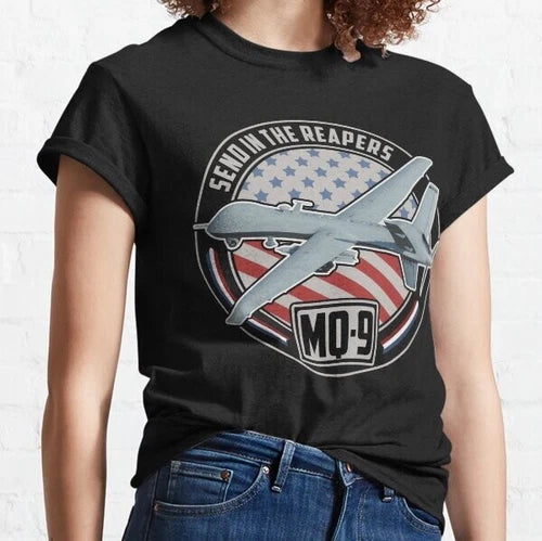 Black crewneck T-shirt with MQ-9 Reaper plane graphic and circular text