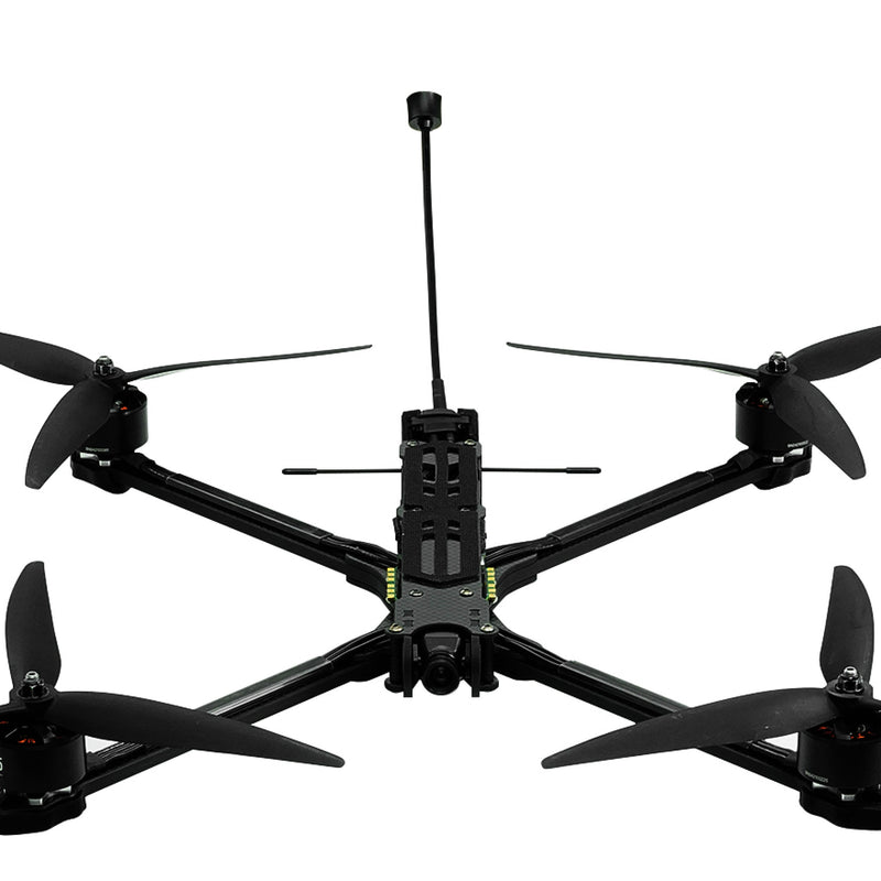 FPV racing drone with camera, black frame and four propellers, antenna