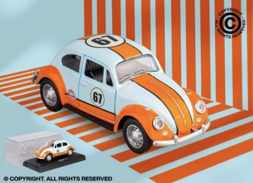 Orange and white Volkswagen Beetle diecast model car with number 67