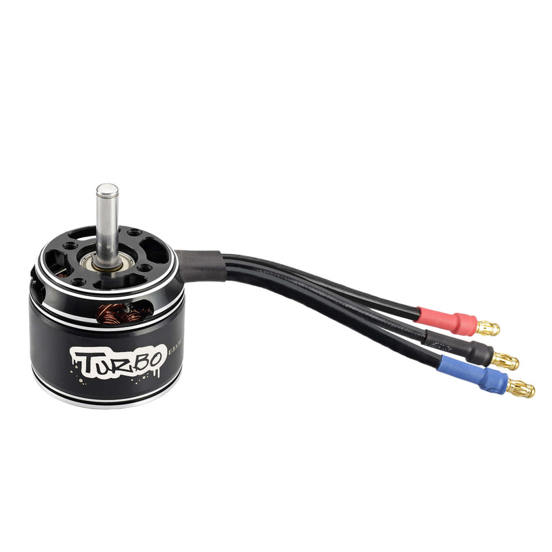 FlashHobby brushless outrunner motor with shaft and three wire leads, Turbo logo