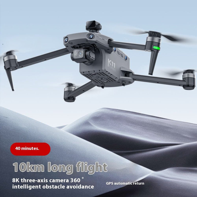 Black quadcopter drone with mounted camera and four propellers