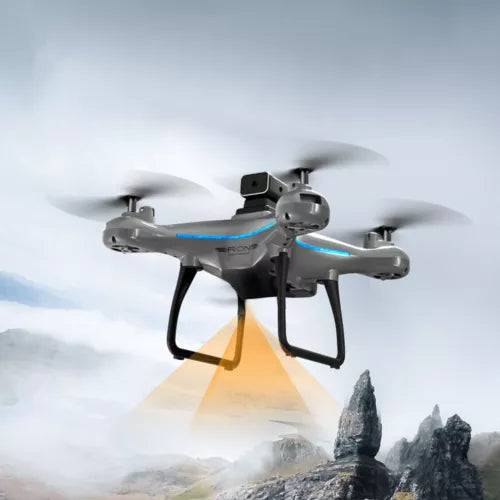 Grey RC quadcopter drone with four propellers and front camera mount