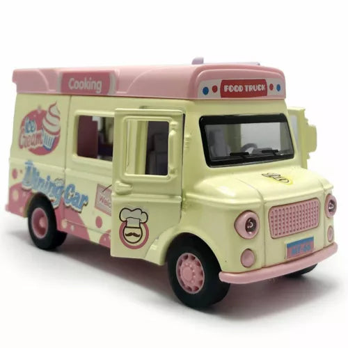 Pastel pink and cream diecast ice cream truck toy with open window and food truck sign