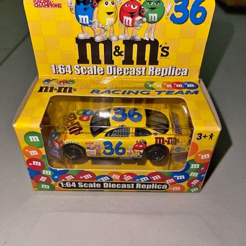 M&M's 1:64 scale diecast replica racing car #36 in box packaging