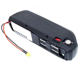 Electric bicycle battery pack, black housing with ports and wiring connectors