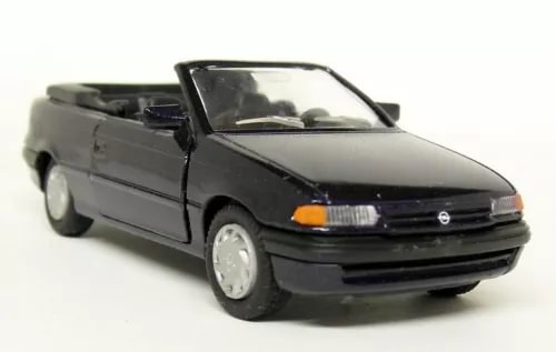 Diecast convertible model car with open top, dark body and chrome grille