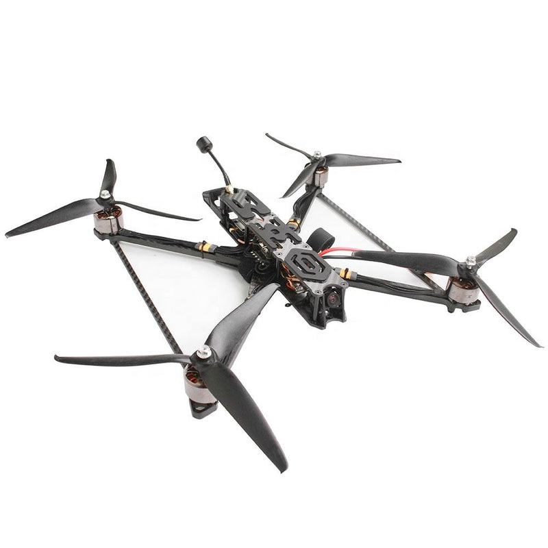 FPV racing drone with four propellers and dark carbon frame