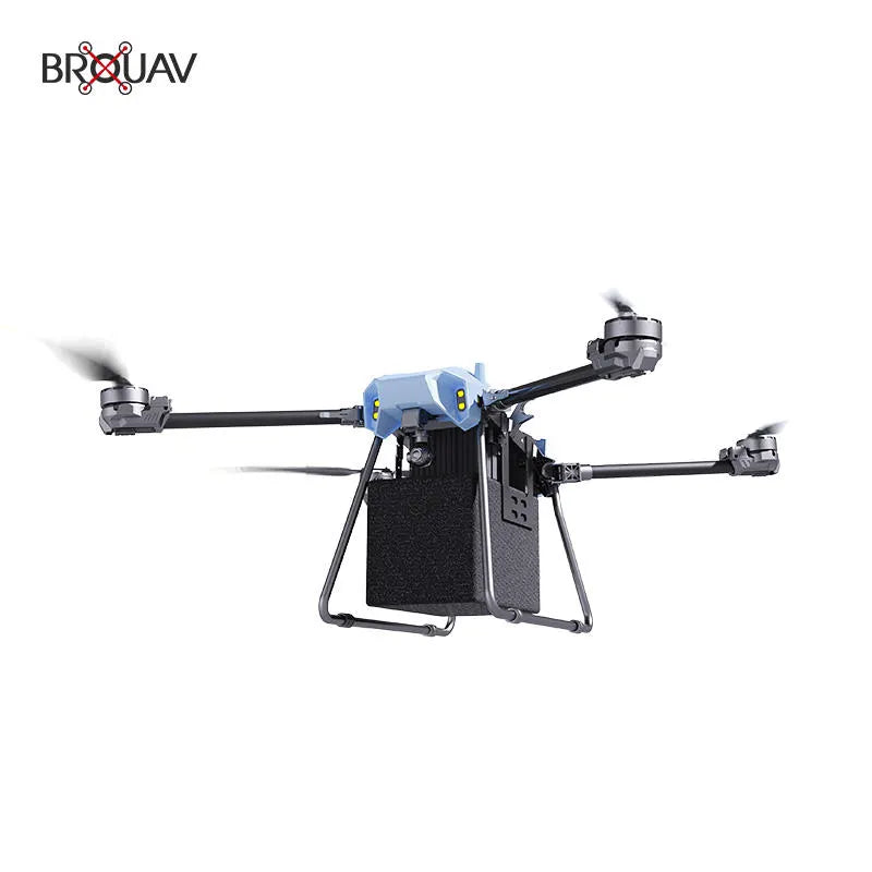 Delivery drone with black frame and blue accents, four propellers