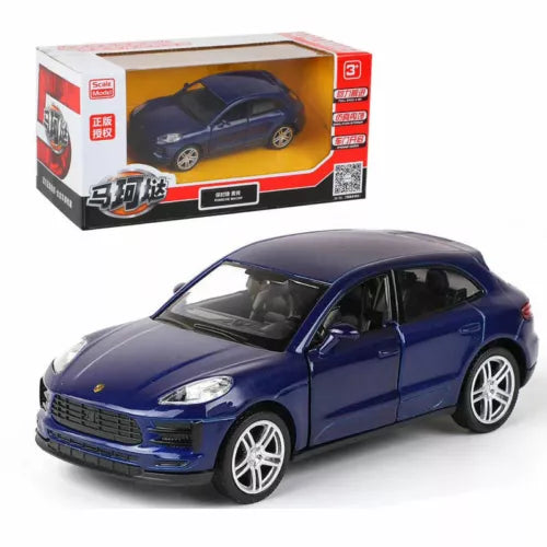 Blue Porsche Macan alloy diecast model car toy, front three-quarter view
